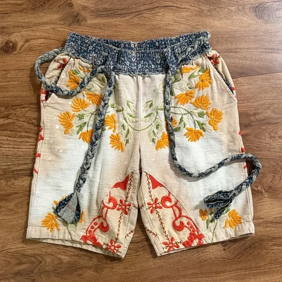Free People Augusta Floral Embroidered Tan Braid Tie Boho Shorts - Picture 4 of 16